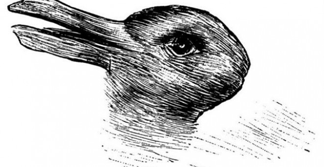 Esta imagen ambigua, en la que se pueden ver representados los dos animales, apareció por primera vez en octubre de 1892 en una revista de humor alemán (Fliegende Blätter) y fue descrita como: '¿Qué animales son más similares entre sí?', 'Conejo y pato'
