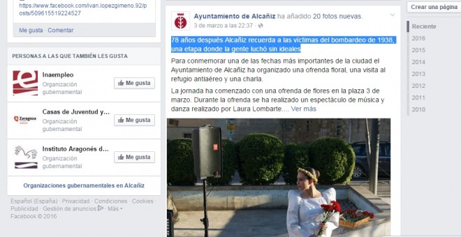 Captura del perfil de Facebook del ayuntamiento con la referencia a la falta de ideales de los combatientes de la guerra civil.