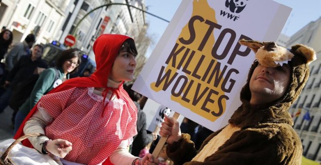 Dos participantes disfrazados en la manifestación 'Lobo vivo, lobo protegido' que organizada por Lobo Marley, PACMA y organizaciones animalistas y ecologistas se ha desarrollado hoy por Madrid. EFE/Mariscal