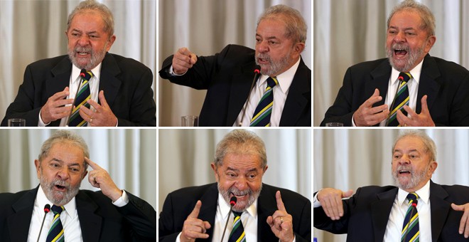 Diversos momentos de la rueda de prensa del expresidente brasileño y actual ministro de Presidencia, Luiz Ignacio Lula da Silva, con los corresponsales extranjeros. EFE/REUTERS