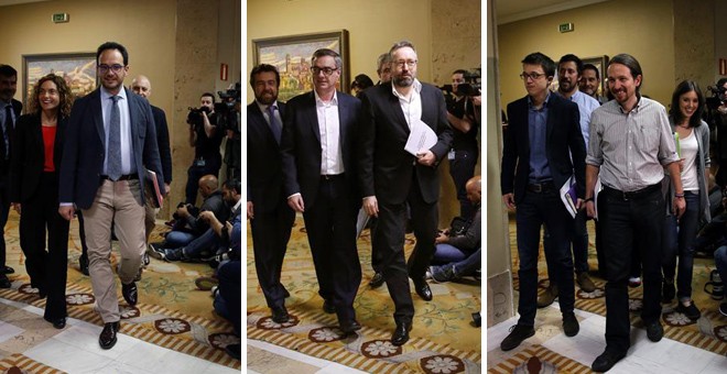 La llegada de las delegaciones negociadoras de PSOE, Ciudadanos y Podemos, para la negociación de un acuerdo de investidura. EFE