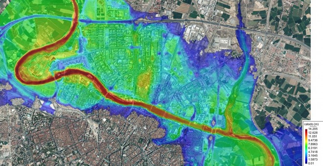 La simulación del geólogo Carlos Revuelto indica que la práctica totalidad de los barrios de la margen izquierda de Zaragoza y amplias zonas de la derecha quedarían inundadas en caso de rotura de la presa de Yesa. Carlos Revuelto