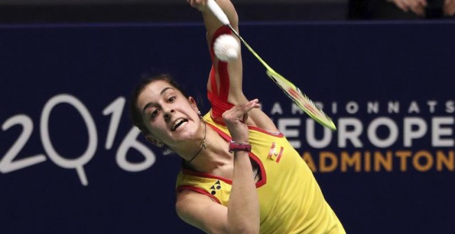 La española Carolina Marín durante la final del Europeo de bádminton. /EFE