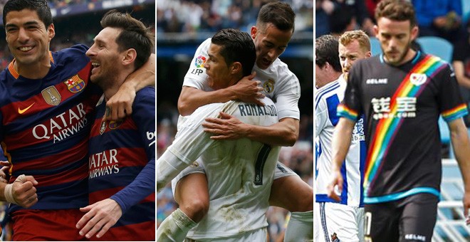 Combo de los jugadores del Barça y del Real Madrid celebrando sus goles y de un jugador del Rayo cabizbajo. /EFE