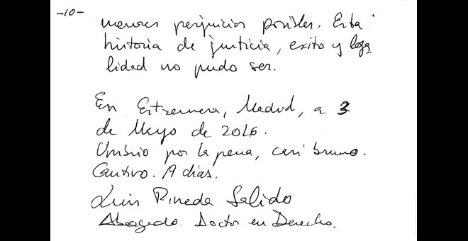 Detalle de la carta del presidente de Ausban, Luis Pineda, al juez desde la cárcel.