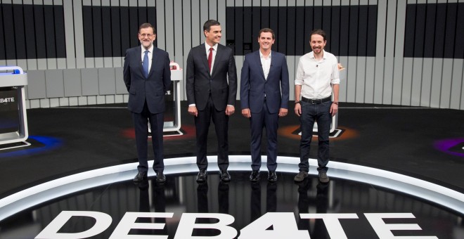 Momento del Debate a cuatro que contó con los candidatos a la presidencia del gobierno Mariano Rajoy, Pablo Iglesias, Pedro Sánchez y Albert Rivera