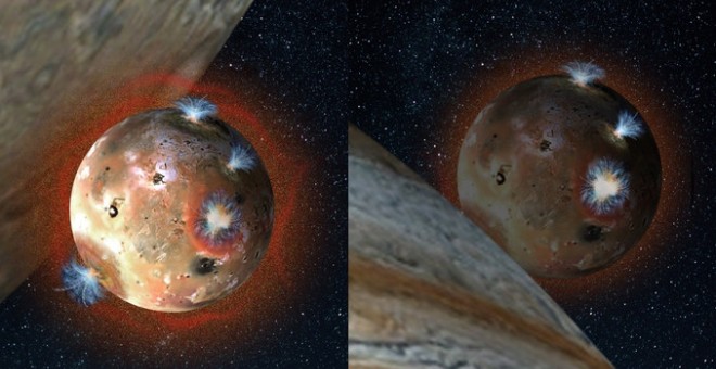 Ilustración de la luna Ío con su tenue atmósfera de dióxido de azufre (en tonos anaranjados) antes de comenzar un eclipse de Júpiter, y después, cuando el gas se congela y colapsa sobre la superficie del satélite. / Southwest Research Institute