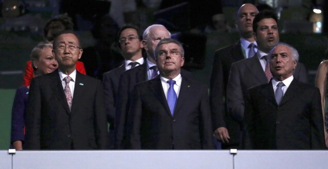 Michel Temer, presidente interino de Brasil, junto a Thomas Bach, presidente del COI, y Ban Ki-Moon, secretario general de la ONU. /REUTERS