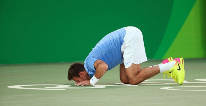 Del Potro celebra su victoria contra Nadal. REUTERS/Toby Melville