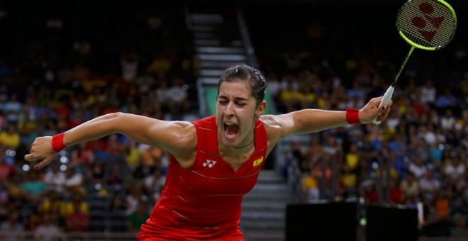 Carolina Marín celebra su triunfo. REUTERS/Marcelo del Pozo