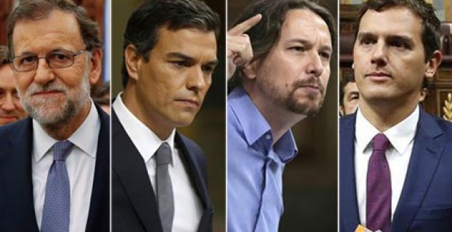 Mariano Rajoy (PP), Pedro Sánchez (PSOE), Pablo Iglesias (Podemos) y Albert Rivera (C's) en la sesión de investidura. /EFE