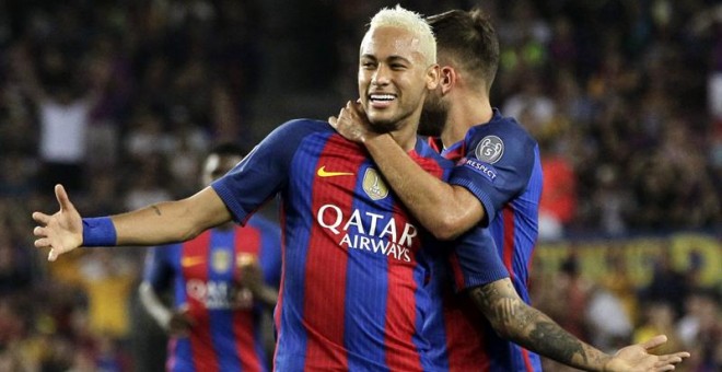 Neymar celebrando anoche su gol ante el Celtic de Glasgow en la Champions. /EFE