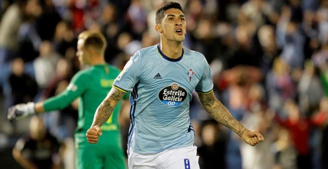 Pablo Hernández celebra el cuarto gol del Celta ante el portero Ter Stegen. /EFE