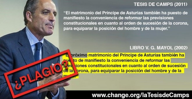 Imagen de la campaña de Change.org que muestra uno de los párrafos acusados de plagio de la tesis de Camps.