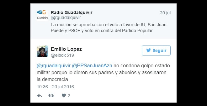 Mensaje en Twitter de Emilio López, miembro de la Plataforma local por la Memoria Histórica, por el que ha sido citado a declarar ante el juez