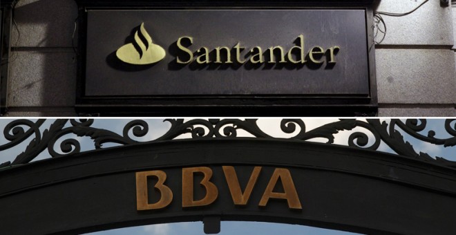 Los logos de los bancos Santander y BBVA, en sus oficinas en Madrid. REUTERS