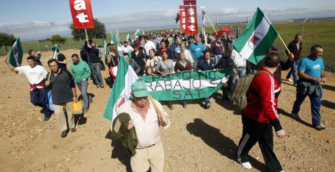 Alrededor de medio millar de jornaleros, convocados por el Sindicato Andaluz de Trabajadores (SAT), han ocupado una finca pública en Palma del Río (Córdoba). / EFE