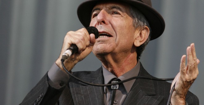 A photo of Leonard Cohen while singing.