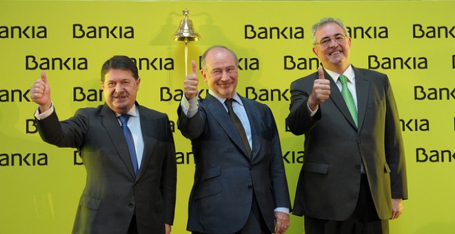 La cúpula de Bankia, en su salida a bolsa en 2011: José Luis Olivas, vicepresidente; Rodrigo Rato, presidente, y Francisco Verdú, consejero delegado. EFE