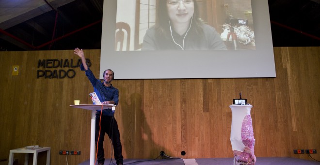 Galatea es el nombre del robot que crearon en Medialab-Prado para que la ministra Digital de Taiwán pudiera estar presente durante el taller Inteligencia Colectiva para la Democracia.