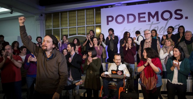 El secretario general de Podemos, Pablo Iglesias , durante el acto de presentación de la propuesta 'Podemos para todas', esta tarde en Madrid. EFE