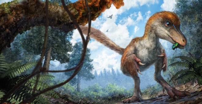 Ilustración de un pequeño celurosaurio junto a una rama cubierta de resina.- CHUNG-TAT CHEUNG