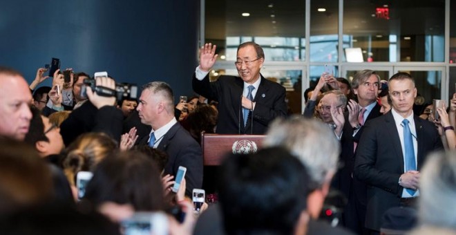 El secretario general de la ONU, Ban Ki Moon, en su despedida. EFE/EPA/AMANDA VOISARD / UNITED NATIONS HANDOUT
