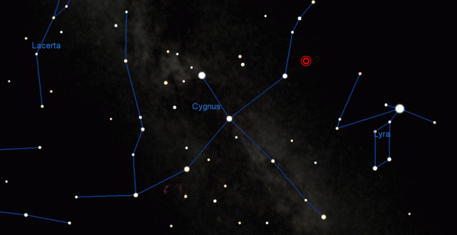 El círculo rojo indica la situación de la nueva estrella en el extremo de la Cruz del Norte, en la constelación del Cisne / CALVIN COLLEGE