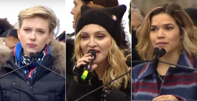 De izquierda a dercha: Scarlett Johansson, Madonna y America Ferrera.
