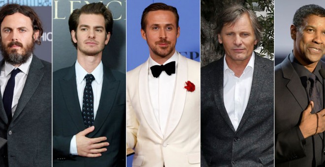 De izquierda a derecha: Casey Affleck, Andrew Garfield, Ryan Gosling, Viggo Mortensen and Denzel Washington.- REUTERS