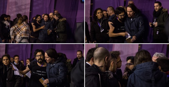 Secuencia de imágenes de Pablo Iglesias, con el espontáneo que intentó subir al escenario de la Asamblea Ciudadana Estatal de Podemos en Madrid, JAIRO VARGAS