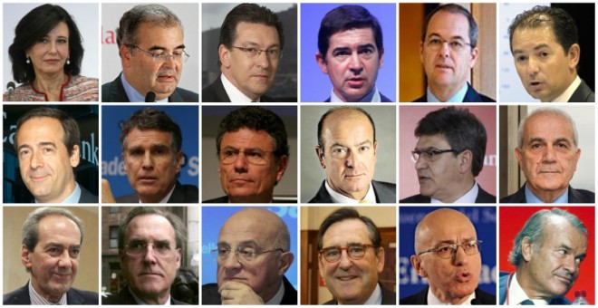 De izquierda a derecha y de arriba a abajo:  Ana Botín (Santander), Ángel Ron (Popular), Antonio Massanell Lavilla (Caixabank), Carlos Torres (BBVA), Francisco Aparicio Valls (Popular), Francisco Gómez Martín (Popular), Gonzalo Gortázar (Caixabank), Jaume