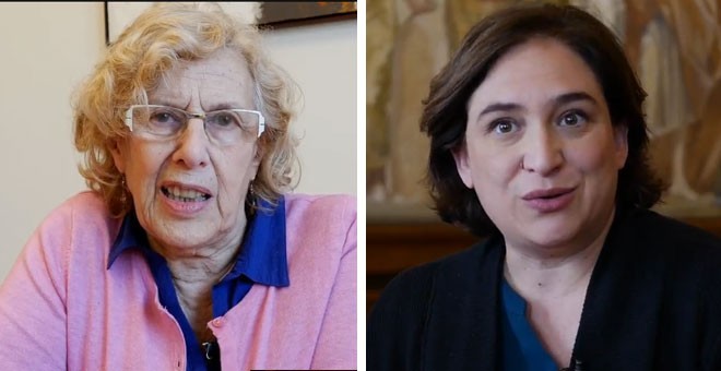 Las alcaldesas de Madrid y Barcelona, Manuela Carmena y Ada Colau, apoyan en un vídeo en su cuenta de Twitter el paro internacional del 8 de marzo.