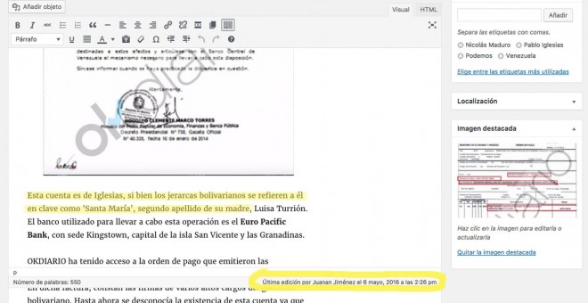 Captura del CMS de OKdiario donde se puede ver una manipulación del texto original ('Esta cuenta es de Iglesias,...') y la persona que hizo el cambio.