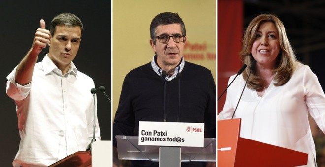 Los precandidatos de las primarias del PSOE: Pedro Sánchez, Patxi López y Susana Díaz. EFE