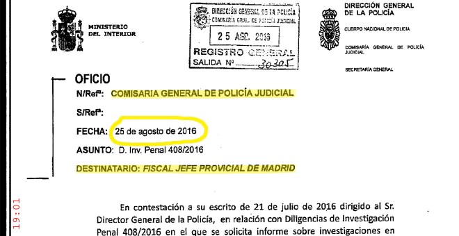Informe de la Policia Judicial a la Comisión de Investigación: Oficio dirigido al Fiscal Jefe Provincial de Madrid con las conclusiones de la investigación sobre las grabaciones, fechado el 25 de agosto de 2016.