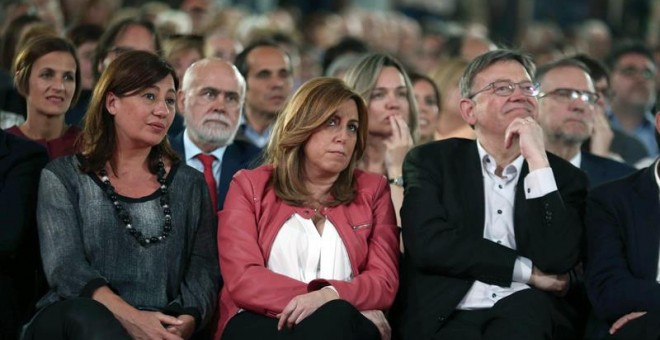 Les presidentes de Balears, Francina Armengol; Andalusia, Susana Dízaz, i Comunitat Valenciana, Ximo Puig, a l'acte de comiat a Carme Chacón