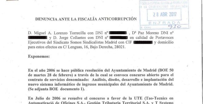 Encabezado de la denuncia ante la Fiscalía Anticorrupción presentada por los portavoces del sindicato Somos Sindicalistas Madrid por las posibles irregularidades de las subcontratas del programa informático +TIL.