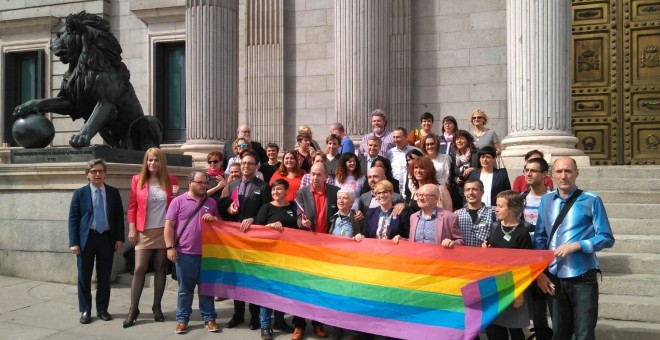 Representantes del colectivo LGTBI a las puertas del Congreso.