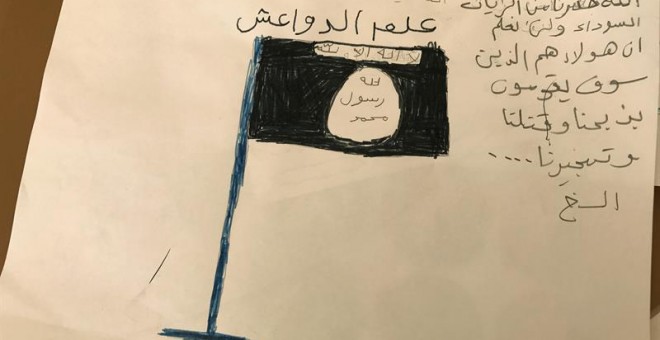 Fotografía de un dibujo que realizó el pequeño Ayman Yúnes Jalil, de 10 añós, que acude al centro que ha erigido la ONG Norwegian Refugee Council (NRC) en el campamento de Hasan Shami (Irak), donde se lleva a cabo un programa educativo de NRC para niños c