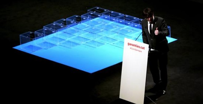 Carles Puigdemont, durant l'acte de presentació de la llei del referèndum. / EFE