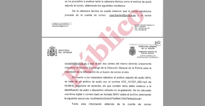 Fragmento del informe de la Unidad de Delitos Tecnológicos sobre el mail de Fuentes Gago a Martín-Blas, contenido en el sumario de la subpieza secreta del caso Nicolás.
