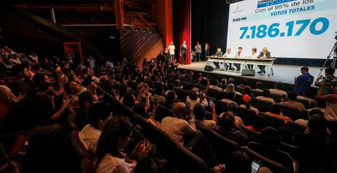 Imagen de la conferencia de prensa en el que se ofrecieron los resultados de la consulta. | MIGUEL GUTIÉRREZ (EFE)