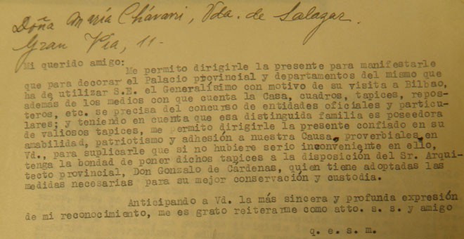 Carta solicitando tapices para Franco.