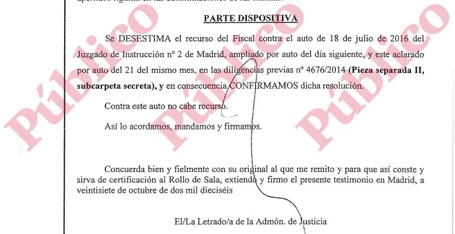 Parte dispositiva final del auto de la Audiencia Provincial de Madrid confirmando que hay que solicitar las cuentas de e-mail de Fuentes Gago, Inda y Urreiztieta.