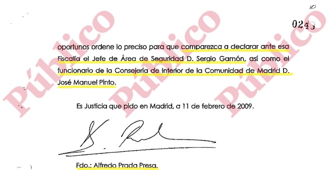 Solicitud de Prada al fiscal Moix para que se tome declaración a Gamón y a Pinto.