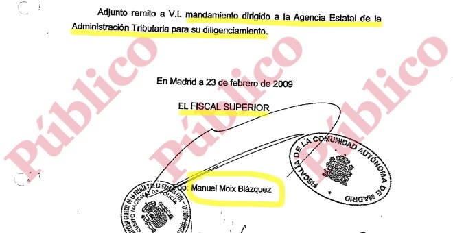Fragmento del envío a la UDEF del 'mandamiento' del fiscal Moix a la Agencia Tributaria solicitando datos confidenciales de investigados.