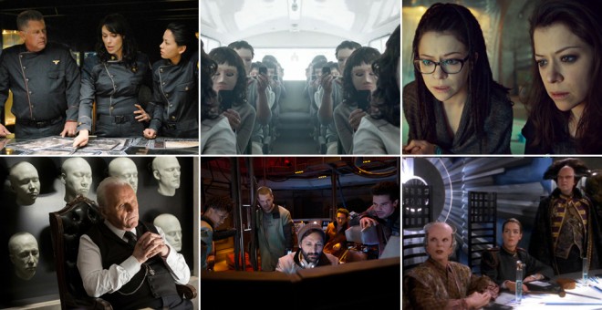 De izq. a der,y de arriba a abajo, imágenes de las series 'Battlestar Galactica', 'Black Mirror','Orphan Black', 'Westworld', 'The Expanse', y 'Babylon'.