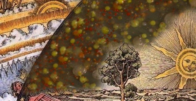 'Collage' creado mezclando colonias bacterianas de paneles solares (Dorado-Morales et al., 2016) con una versión adaptada de la famosa talla de madera 'Flammarion grabando' (Flammarion, 1888). Manuel Porcar