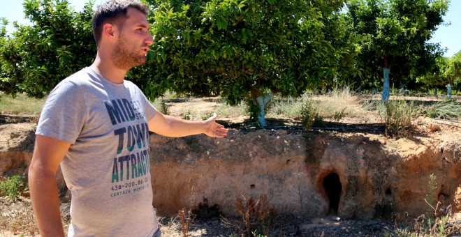 Òscar Navarro, pagès de la comarca del Montsià, s’ha arribat a trobar 200 forats provocats pels conills a la seva finca de cítrics. FOTO: Jordi Marsal